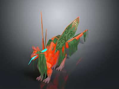 3D Fantasy Character Design Of Orange Green Mythical Creature With Decorative Wings And Horns 3d model