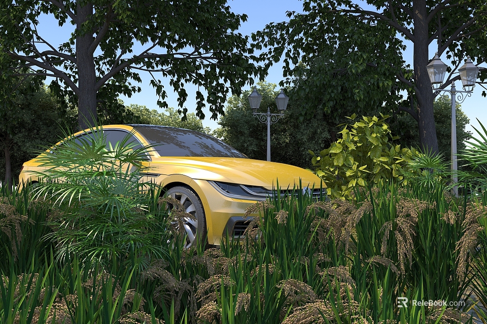 Scenic Natural View with Yellow Car Among Tall Trees Lamp Posts and Lush Plants 3d model 