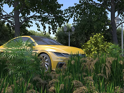 Scenic Natural View with Yellow Car Among Tall Trees Lamp Posts and Lush Plants 3d model