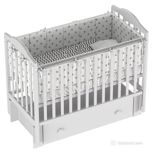 White Baby Crib With Star Pattern Drawer And Black White Striped Mattress Pillow 3d model 