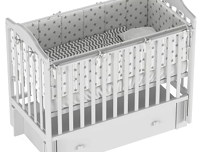 White Baby Crib With Star Pattern Drawer And Black White Striped Mattress Pillow 3d model
