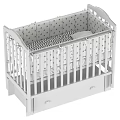 White Baby Crib With Star Pattern Drawer And Black White Striped Mattress Pillow