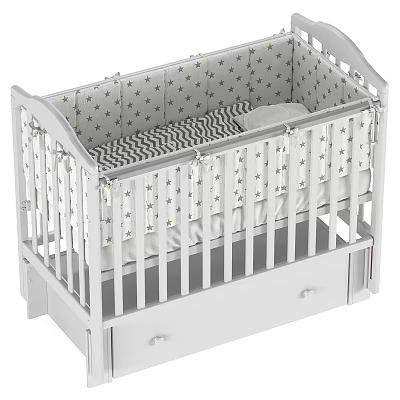 White Baby Crib With Star Pattern Drawer And Black White Striped Mattress Pillow 3d model