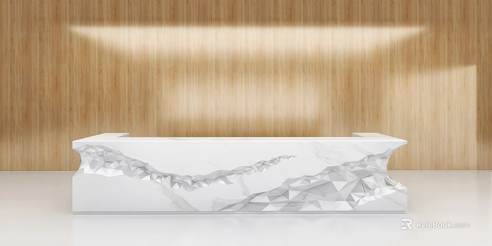 Contemporary Reception Desk With White Marble Surface Geometric Patterns And Wooden Wall Background 3d model 