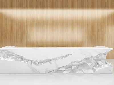 Contemporary Reception Desk With White Marble Surface Geometric Patterns And Wooden Wall Background 3d model