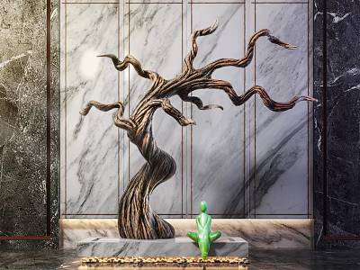 Garden Ornament Featuring Tree Shaped Sculpture With Green Figurine On Marble Wall Background 3d model