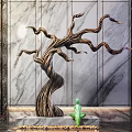 Garden Ornament Featuring Tree Shaped Sculpture With Green Figurine On Marble Wall Background