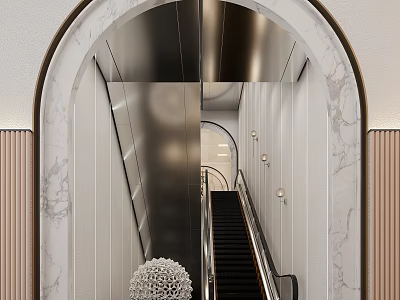 Modern Elevator Corridor With Marble Arch Metal Accents Escalator Lighting And White Decorative Ball 3d model