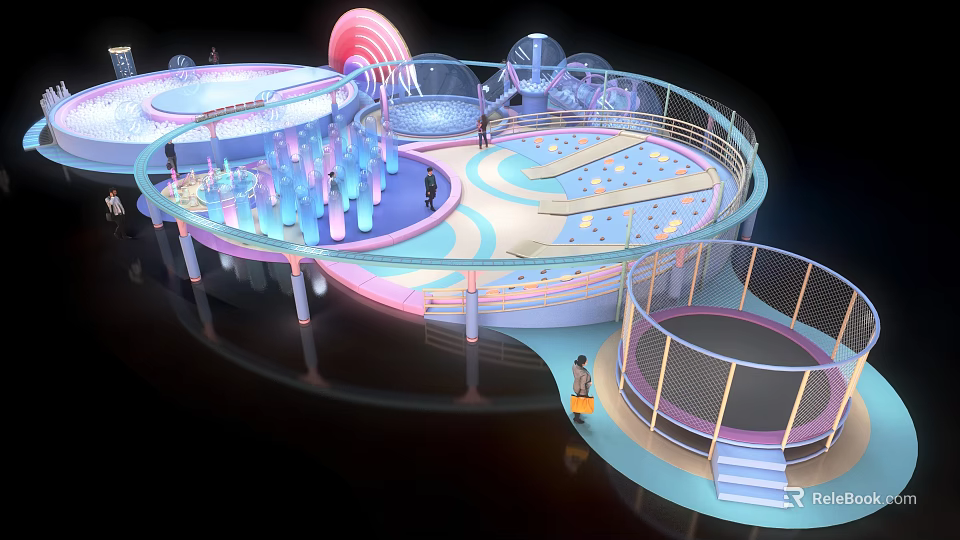 Colorful Indoor Playground With Slides Trampoline Transparent Bubble Installations And Circular Design 3d model 