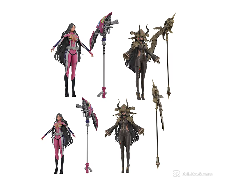 Fantasy Style Game and Movie Characters With Ornate Weapons and Costumes 3d model 