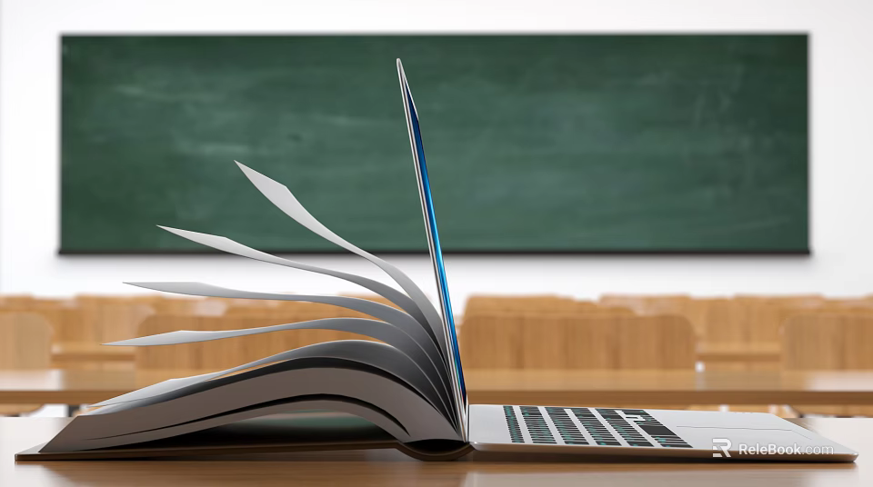Laptop with Open Book and Spread Pages on Desk in Classroom with Green Blackboard 3d model 