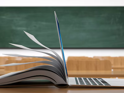 Laptop with Open Book and Spread Pages on Desk in Classroom with Green Blackboard 3d model