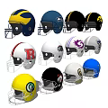 Various Football Helmets With Different Team Logos And Colorful Designs