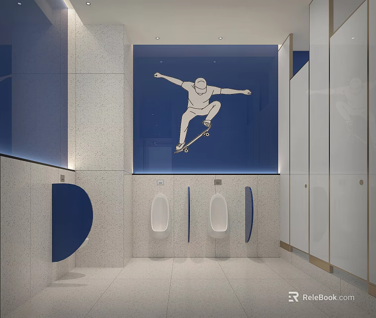 Public Restroom Interior With Modern Design Blue Wall Skateboarder Graphic And Urinals 3d model 