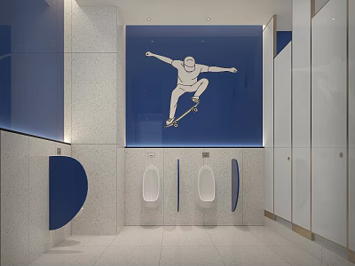 Public Restroom Interior With Modern Design Blue Wall Skateboarder Graphic And Urinals 3d model