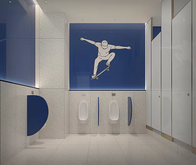 Public Restroom Interior With Modern Design Blue Wall Skateboarder Graphic And Urinals 3d model