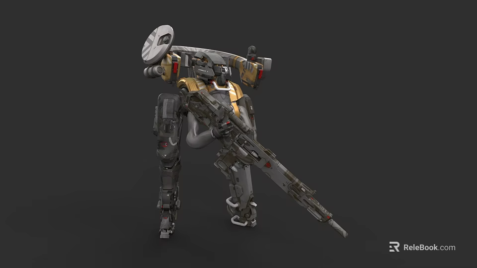 Sci Fi Mecha Game Movie Character With Detailed Mechanical Armor And Long Rifle 3d model 