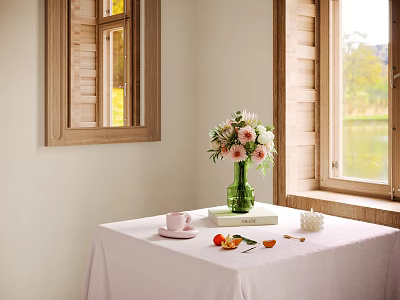 Elegant Decorative Ornament Set With Green Vase Pink Flowers And White Tablecloth By Wooden Windows 3d model