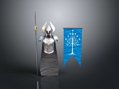 Man's Silver Armor On Gray Base With Blue Flag White Tree Pattern And Long Pole 3d model