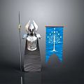 Man's Silver Armor On Gray Base With Blue Flag White Tree Pattern And Long Pole