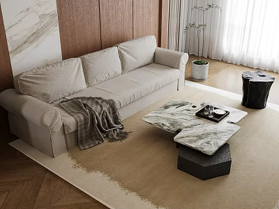 Cozy Beige Sofa And Marble Coffee Table Set With Wooden Wall Marble Accent And Soft Rug 3d model