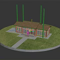 Cartoon Style Small House With Brown Roof Green Lawn Circular Base Pathway And Tall Pillars
