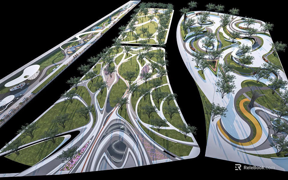 Park Landscape Design Featuring Winding Paths Green Lawns Trees And Colorful Walkways 3d model 
