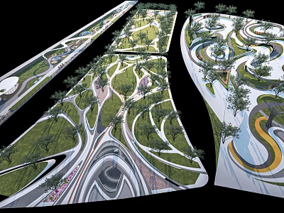 Park Landscape Design Featuring Winding Paths Green Lawns Trees And Colorful Walkways 3d model