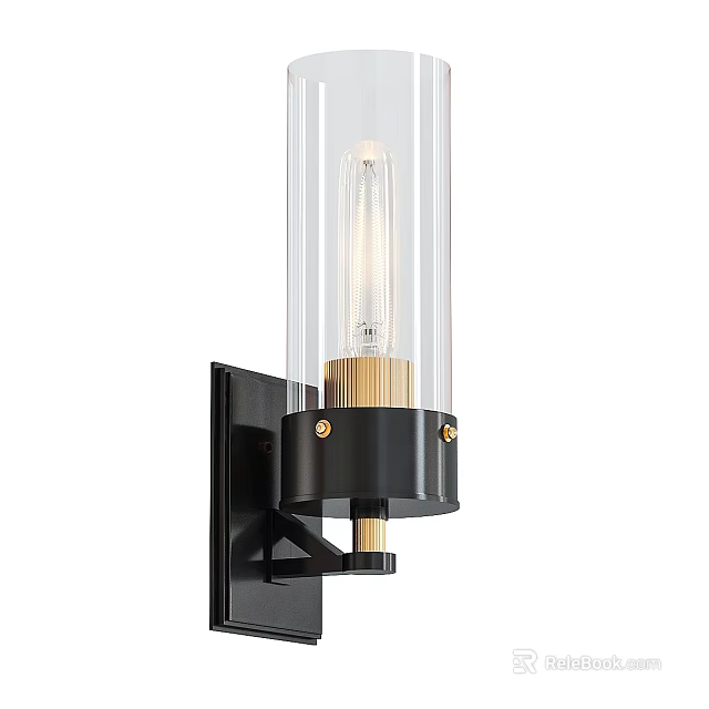 Modern Black And Gold Wall Sconce With Clear Glass Shade And Bulb 3d model 