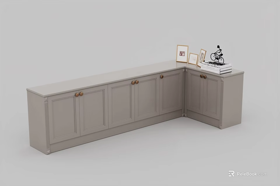 Modern Gray L Shaped Corner Cabinet With Golden Handles And Decorative Items On Top 3d model 
