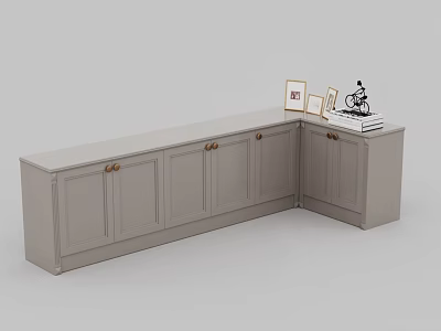 Modern Gray L Shaped Corner Cabinet With Golden Handles And Decorative Items On Top 3d model