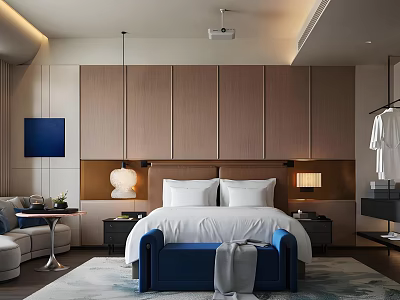Hotel Guest Room Interior With White Double Bed Blue Bench Wooden Backdrop And Modern Decor 3d model