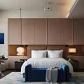 Hotel Guest Room Interior With White Double Bed Blue Bench Wooden Backdrop And Modern Decor