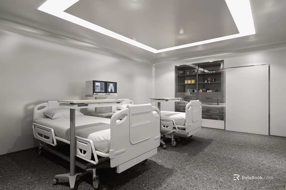 Modern Hospital Ward Interior With White Beds TV Monitors And Storage Cabinets 3d model 