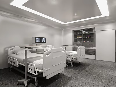 Modern Hospital Ward Interior With White Beds TV Monitors And Storage Cabinets 3d model