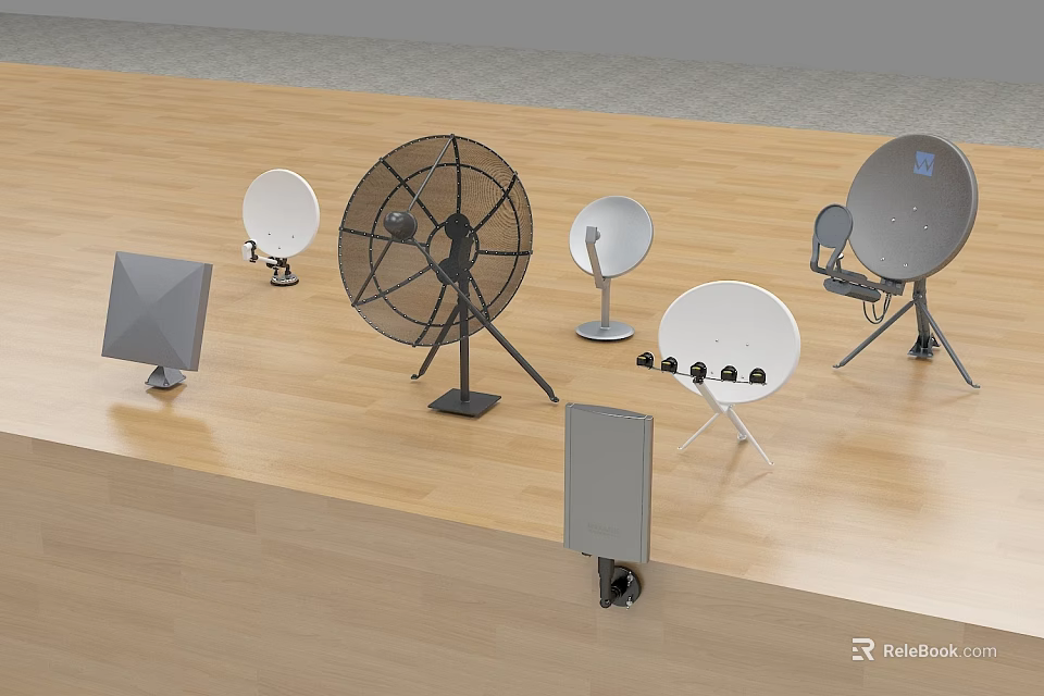 Different Types of Satellite Dishes and Related Equipment Displayed on Wooden Platform 3d model 