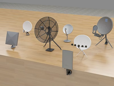 Different Types of Satellite Dishes and Related Equipment Displayed on Wooden Platform 3d model