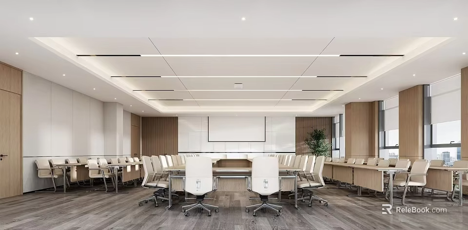 Modern Conference Room With Long Table White Chairs Projection Screen And Green Plant 3d model 