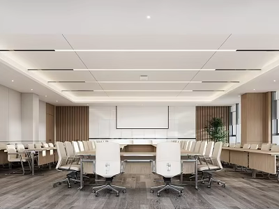 Modern Conference Room With Long Table White Chairs Projection Screen And Green Plant 3d model