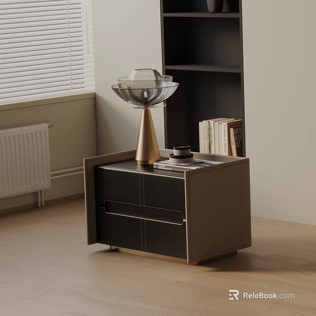 Modern Leather Nightstand With Black Beige Drawers Gold Decorative Item And Books 3d model 