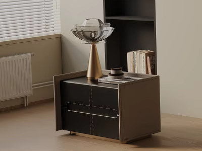 Modern Leather Nightstand With Black Beige Drawers Gold Decorative Item And Books 3d model