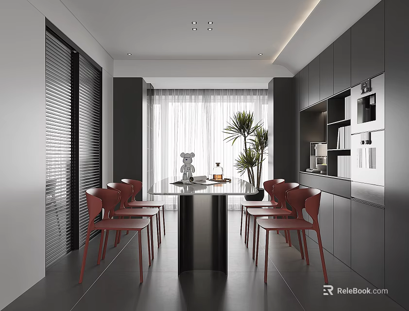 Modern Restaurant Interior With Black Dining Table Red Chairs Black Cabinets And White Curtains 3d model