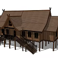 Wooden House Exterior With Gabled Roof Large Windows Balcony And Staircase