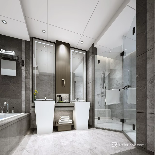 Modern Luxury Gray Marble Bathroom With Double Pedestal Sinks And Frameless Glass Shower Design 3d model 