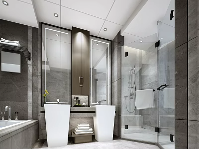 Modern Luxury Gray Marble Bathroom With Double Pedestal Sinks And Frameless Glass Shower Design 3d model