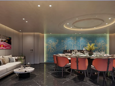 Elegant Private Dining Room Interior With Round Table Orange Chairs And Blue Wall 3d model