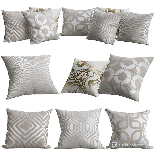 Geometric Patterned Decorative Pillows With Neutral Tones Various Designs And Textured Fabric 3d model 