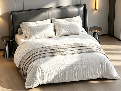 Double Bed with Black Leather Headboard White Pillows Striped Comforter Round Nightstands and Sunlight 3d model