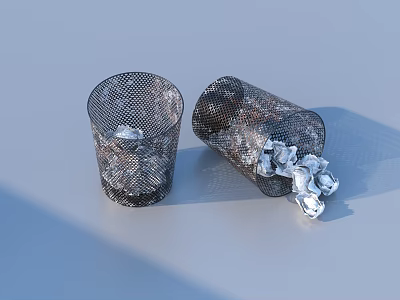 Two Metal Mesh Trash Cans With Crumpled Paper One Tipped Over On Light Blue Surface 3d model
