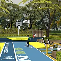 Outdoor Garden Landscape Design With Children's Playground Blue Ground Climbing Nets And Trees
